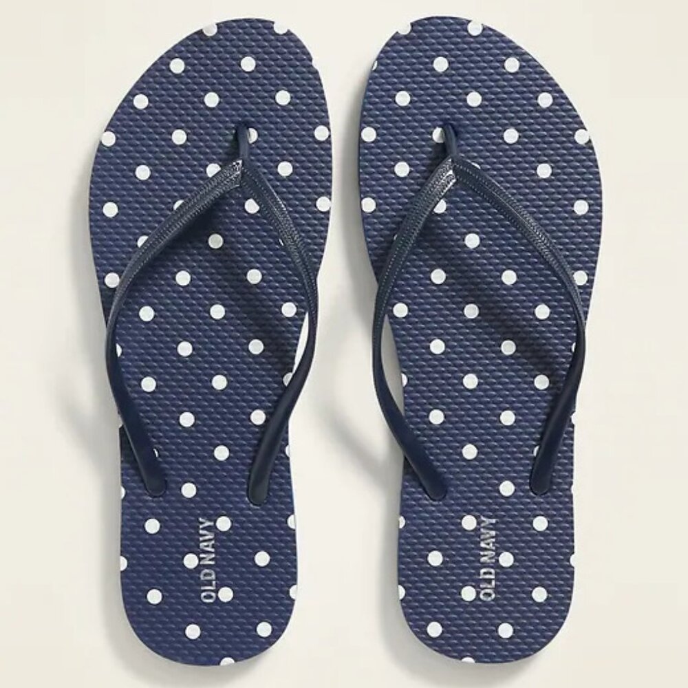 NWT Old Navy Patterned Flip Flops Thong Sandals Navy Blue White Dots Women 8